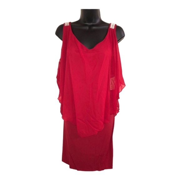 EnFocus red sheer cape sequin strap cold shoulder elegant plus size dress 14W - Picture 11 of 16